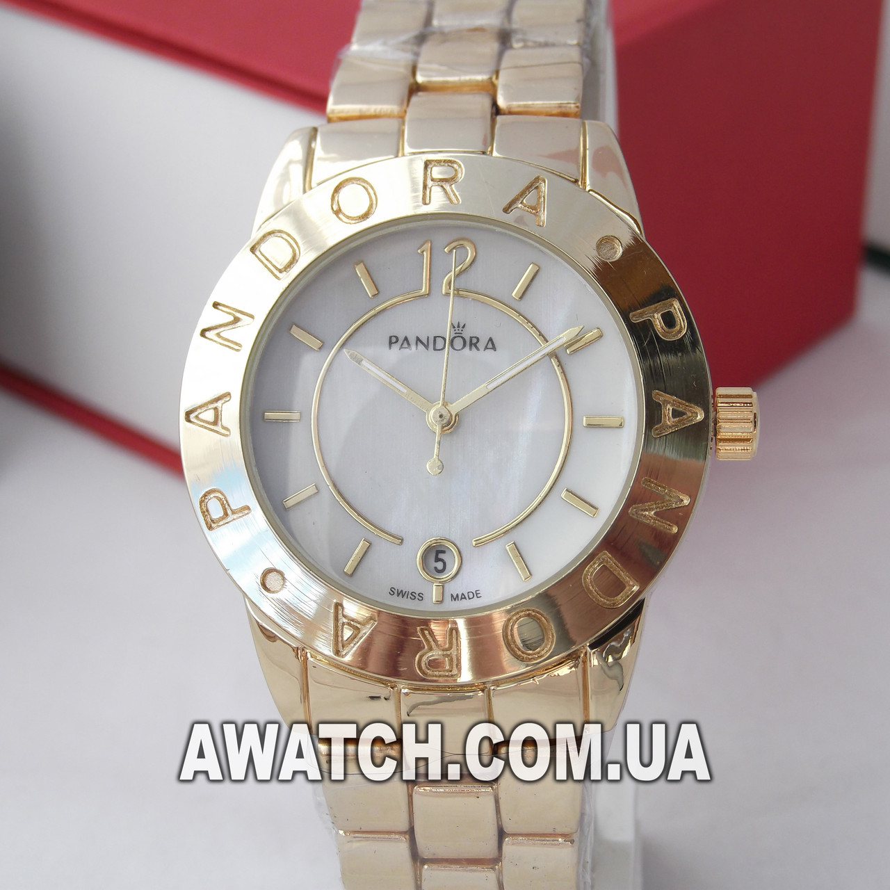 Жіночі кварцові наручні годинники Pandora M46 / Пандора на металевому браслеті золотистого кольору