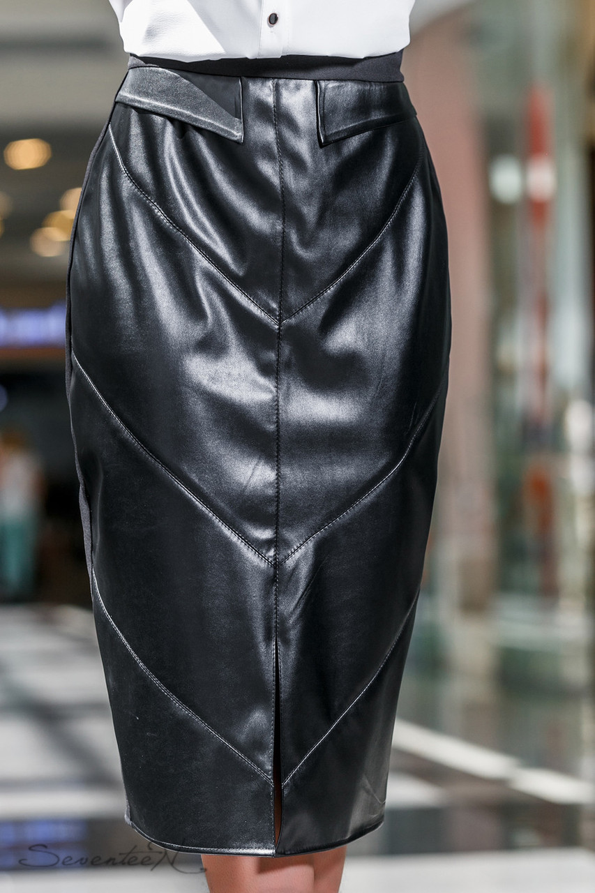 Модная деловая кожаная юбка ниже колен 44-50 размеры - фото 3 - id-p571250804