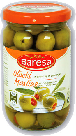 Оливки зелені фаршировані червоним перчиком Baresa Olive, 270 г.