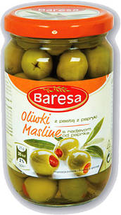 Оливки зелені фаршировані червоним перчиком Baresa Olive, 270 г.