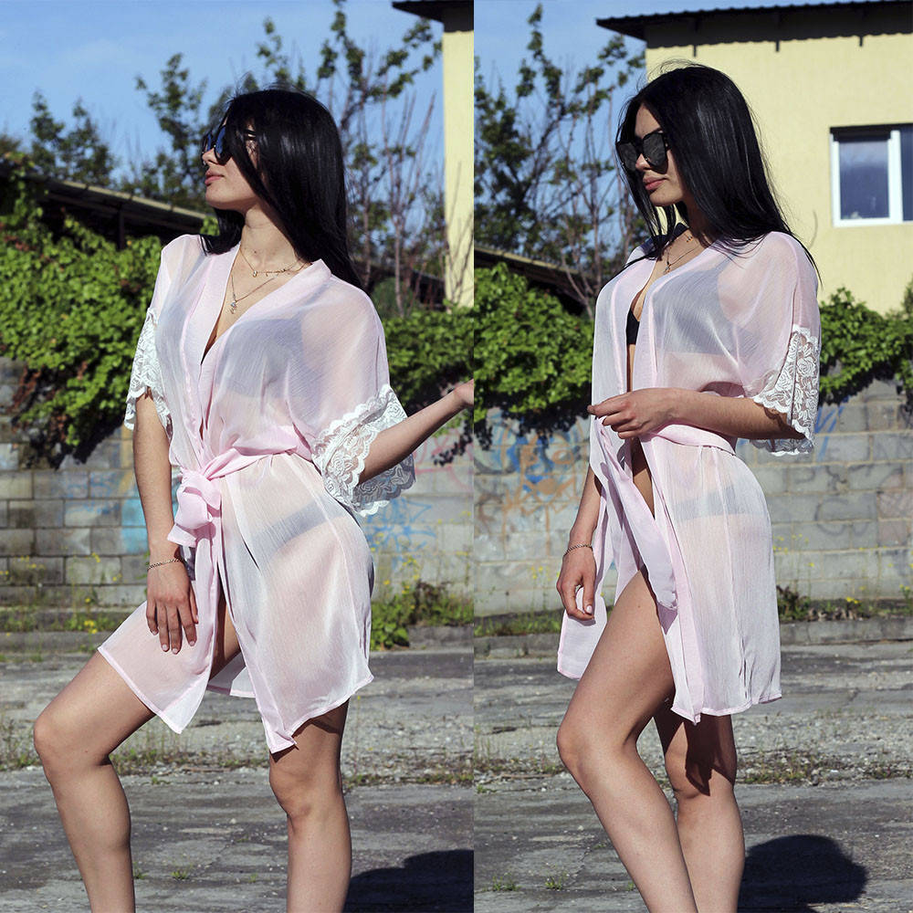 

Пляжный шифоновый халат с кружевами на рукавах 46