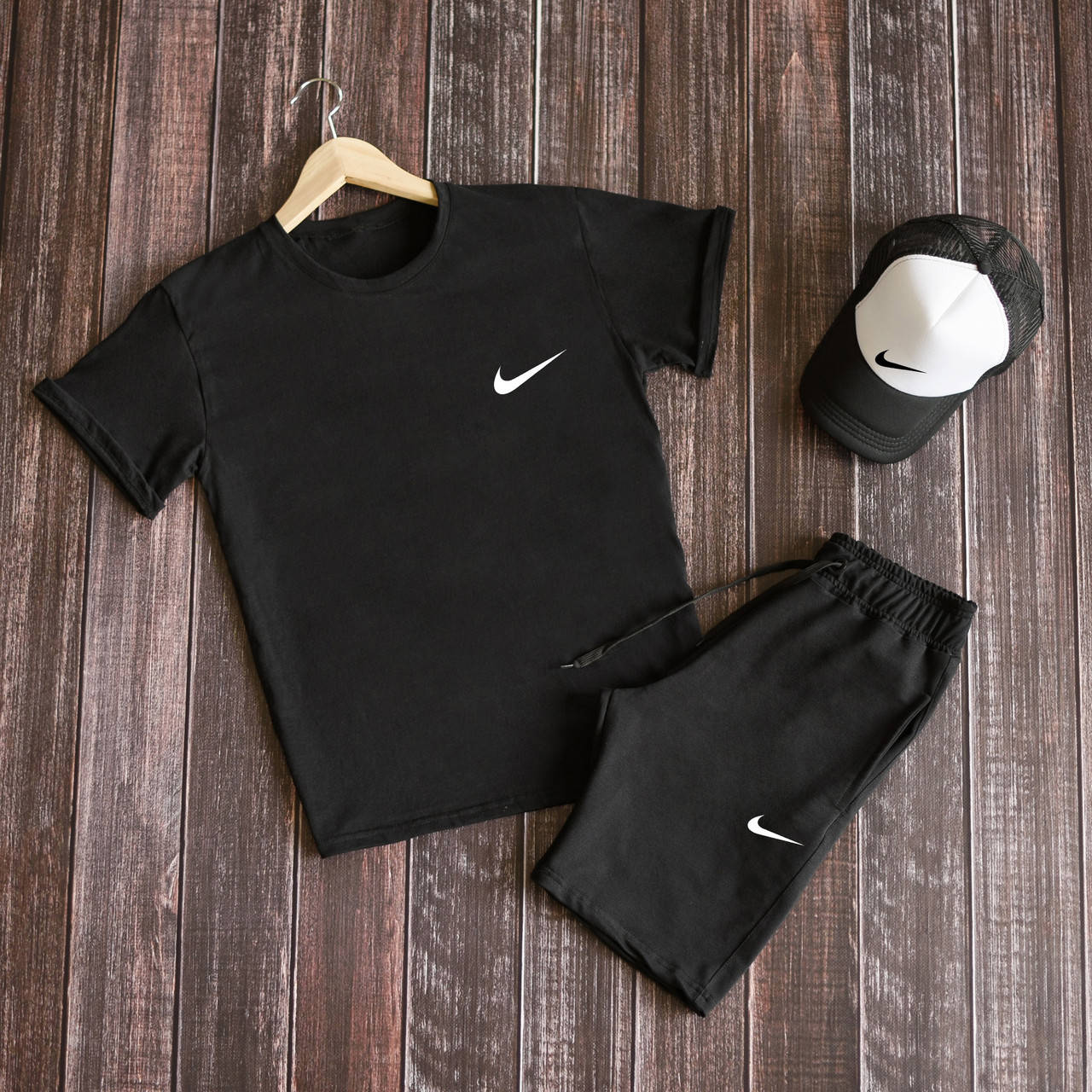 

Футболка + Шорты + Кепка NIKE Комплект мужской летний черный | Спортивный костюм Найк ТОП качества
