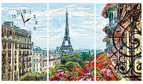 Модульні настінні годинники картина Париж з трьох модулів малюнок великі-105х60см