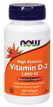 Vitamin D-3 1,000 IU NOW Foods 180 Softgels, фото 1