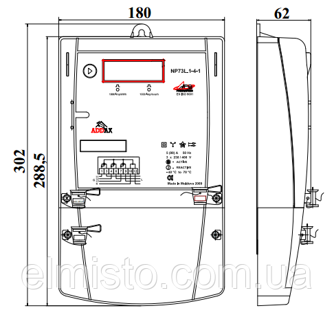 Габаритный чертеж 3-фазного электросчетчика NP-07 3FD.1SM-U 380В 5(80)A