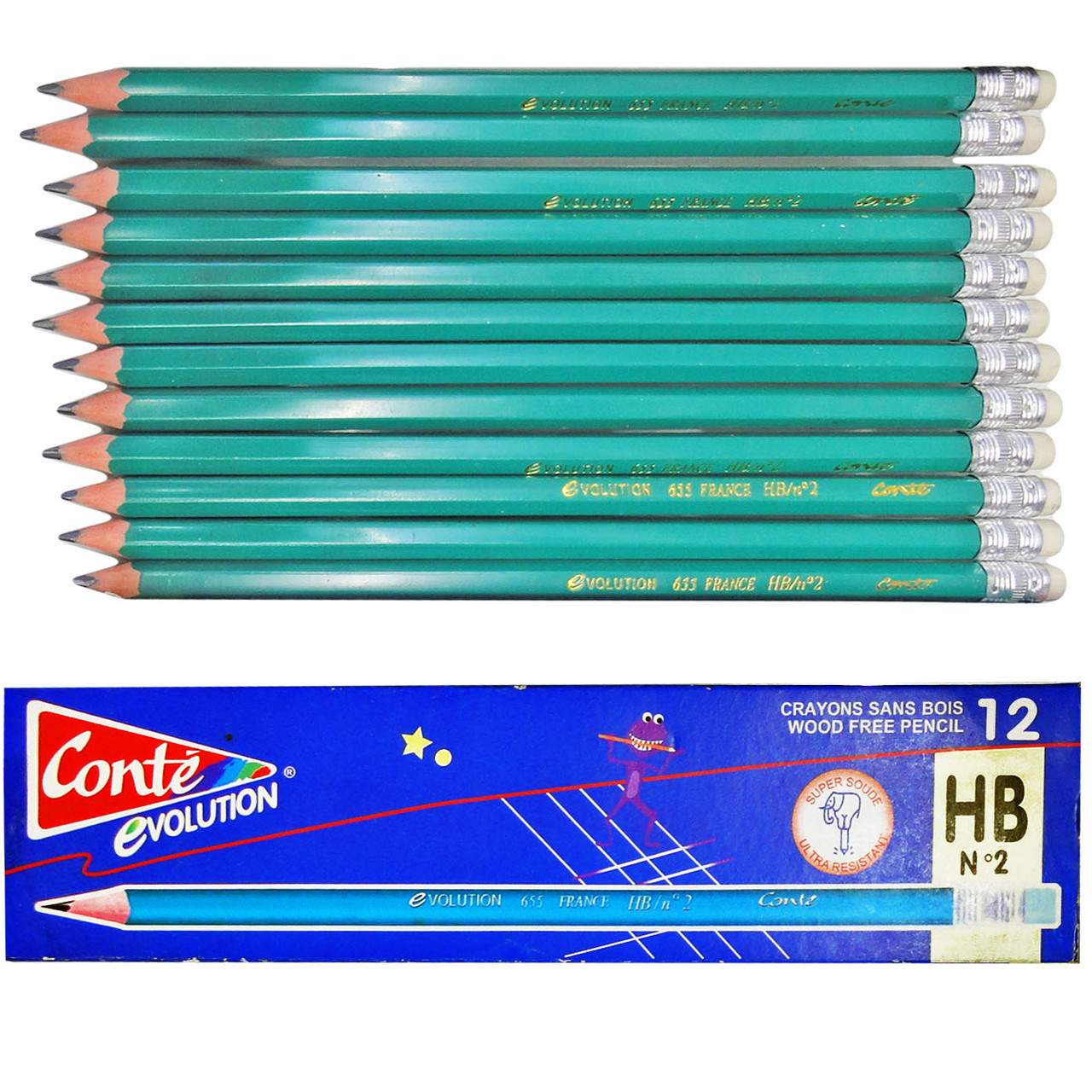 Олівець чорнографітний, CONTE, HB, 12шт. пластикові + гумка