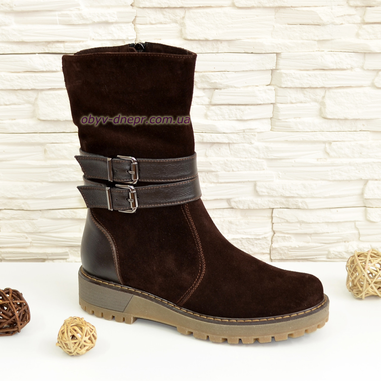 Замшеві черевики коричневі жіночі на товстій підошві, фото 1