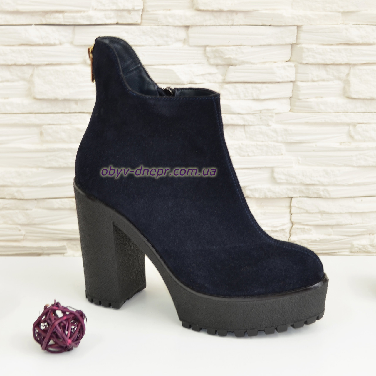 Замшеві черевики жіночі на високому підборі. Синій колір, фото 1