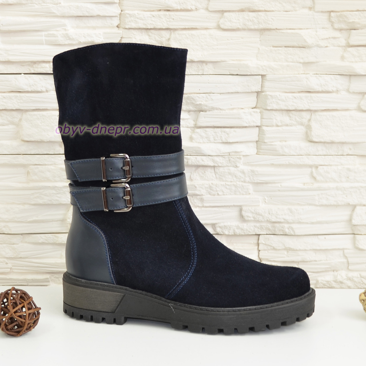 Замшеві черевики сині жіночі на товстій підошві, фото 1