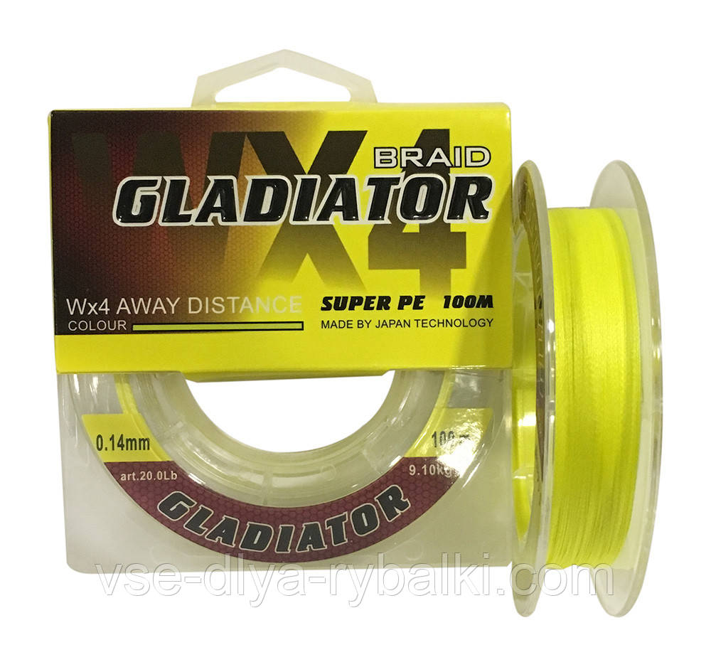 Шнур плетений Gladiator 100m (жовтий) 0.25 mm