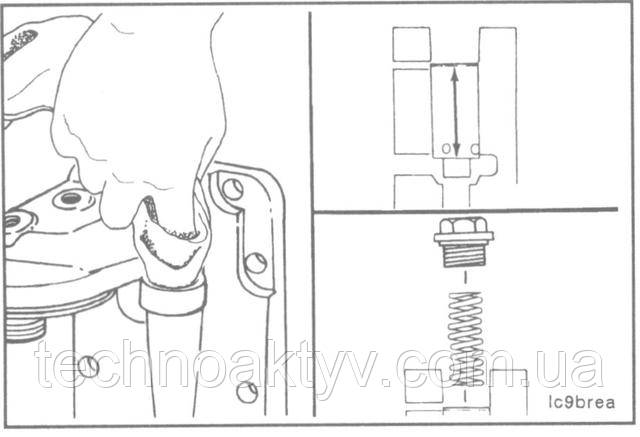 Ключ 22 мм Очистіть і огляньте отвір і клапан. Увагу I Для забезпечення працездатності клапан повинен вільно переміщатися в отворі. Встановіть клапан і пружину. Крутний момент затягування: 80 Н • м [60 ft-ib]
