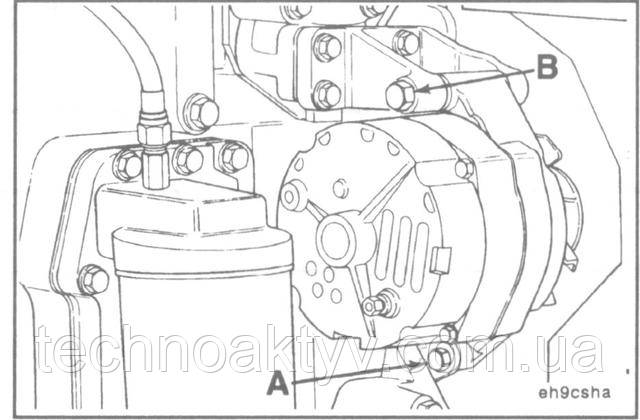 Ключі 14 мм, 16 мм Затягніть болти кріплення генератора. Крутний момент затягування: А = 24 Н • м [18 ft-lb] В = 43 Н • м [32 ft-lb]