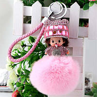 Брелок меховая кукла Monchichi розовая
