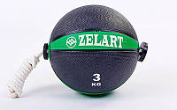 М'яч медичний із мотузкою (медбол) 3 кг 5709-3: діаметр 21,6 см, вага 3 кг