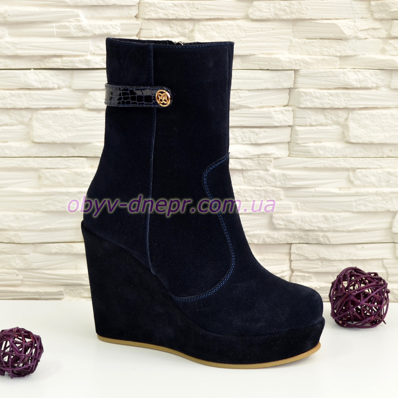Черевики сині жіночі замшеві на стійкій платформі, фото 1