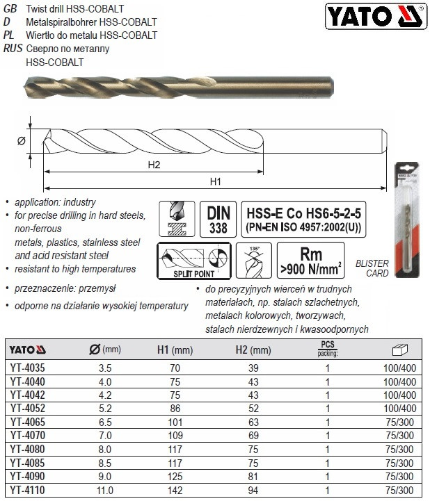 Свердло по металу кобальт HSS Ø=3,5 мм l=70/39 мм YT-4035