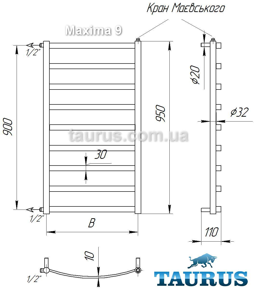 Узкий н/ж полотенцесушитель Maxima 9/950х400, широкая выгнутая перемычка 30х10. Вода + ТЭН+ гибридный - фото 5 - id-p19500861