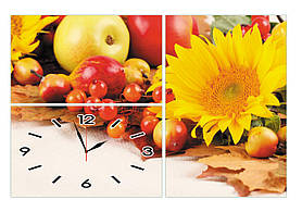 Модульні настінні годинники картина "Овочі, квіти, фрукти" кухонні з трьох частин триптих великі-90х60см