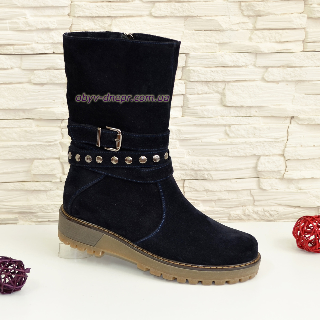 Черевики сині замшеві жіночі на товстій підошві, фото 1