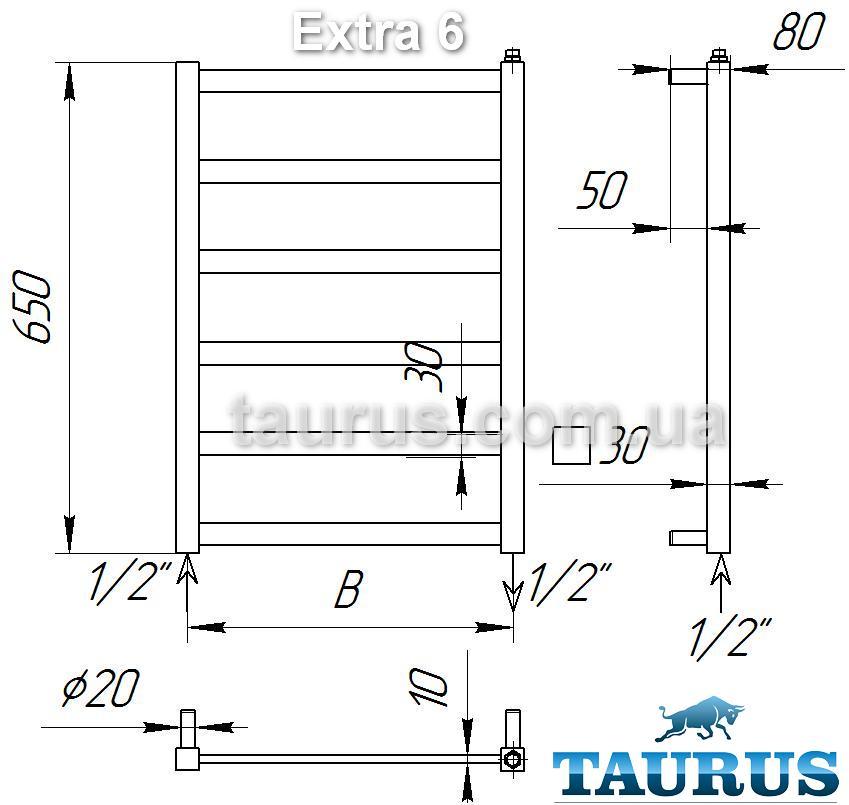 Полотенцесушитель узкий Extra 6 /650х400 мм из профильной трубы. Современный дизайн. Все подключения - фото 5 - id-p101035057