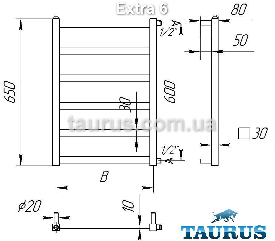 Полотенцесушитель узкий Extra 6 /650х400 мм из профильной трубы. Современный дизайн. Все подключения - фото 6 - id-p101035057