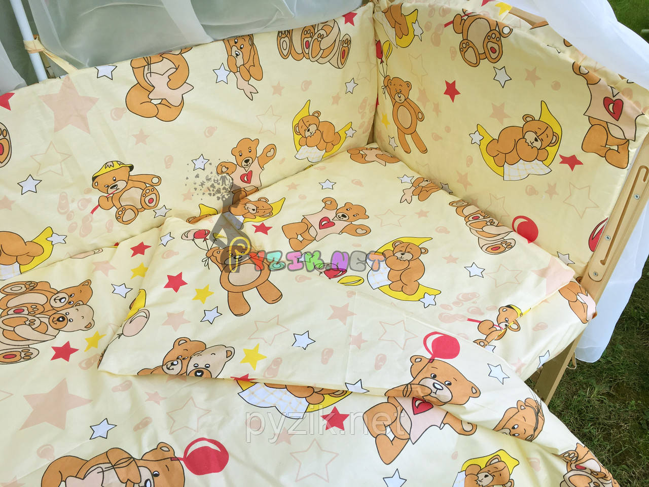 Постільний набір в дитячу ліжечко (8 предметів) Premium "Ведмедики з кульками" бежевий