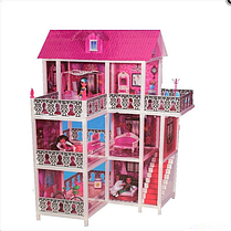 Ляльковий будиночок три поверхи з терасою + три ляльки 66888
