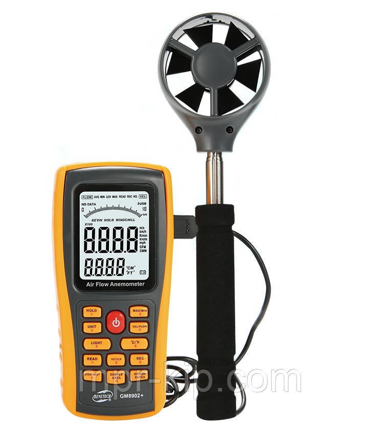 Анемометр Benetech GM8902+ (0.3-45m/s; 0-45ºC; 0-999900m3/min), USB, Память 50 с телескопической рукояткой - фото 1 - id-p576415662