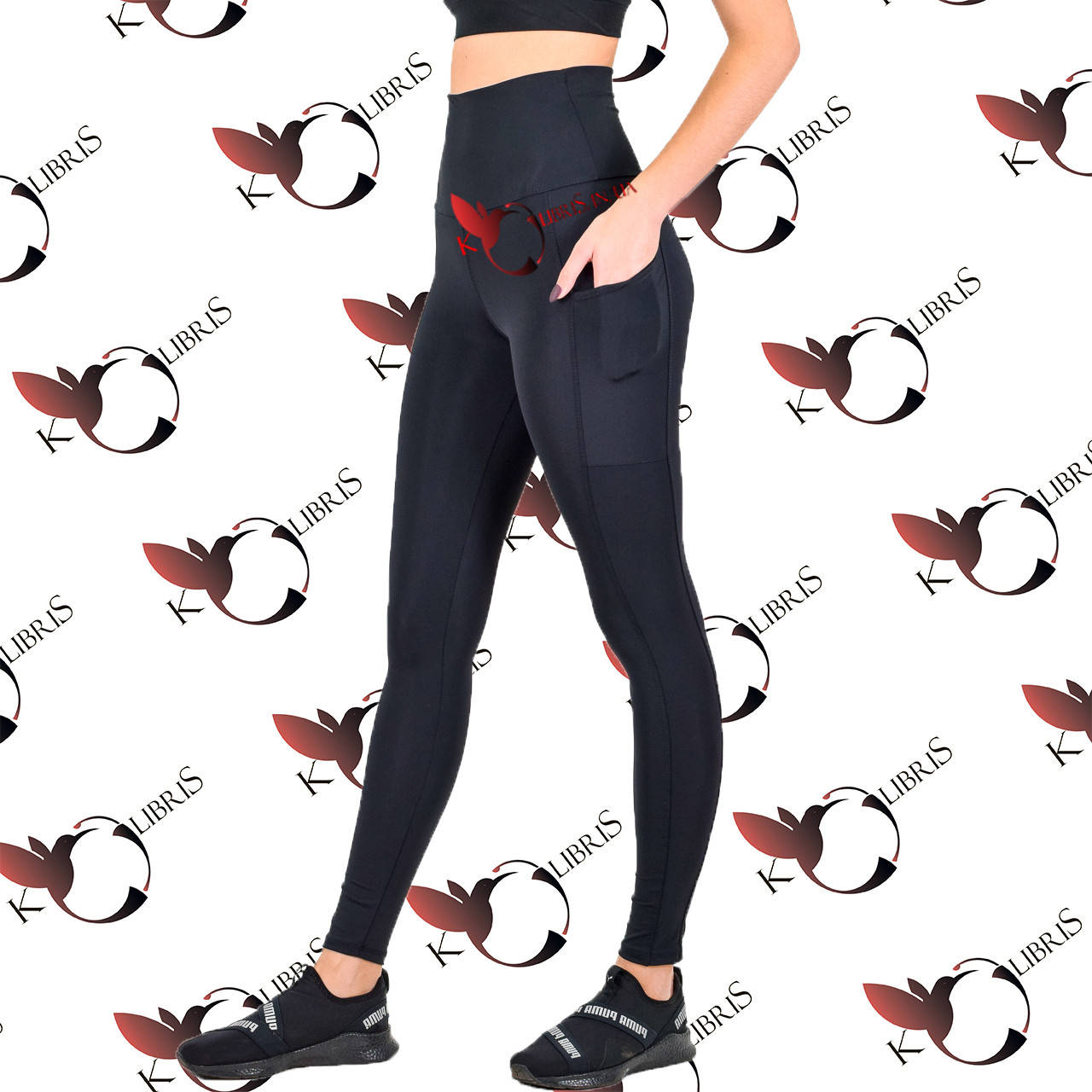 

Лосины с карманами женские спорт черный элластан УТЯЖКА 48