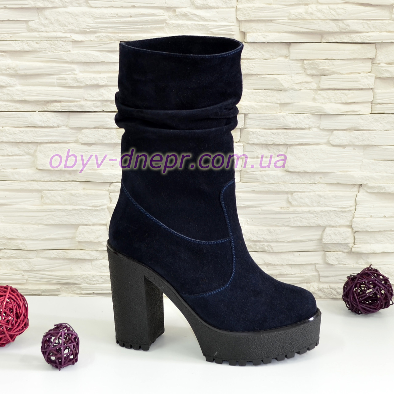 Черевики жіночі на підборах, синій замш, фото 1