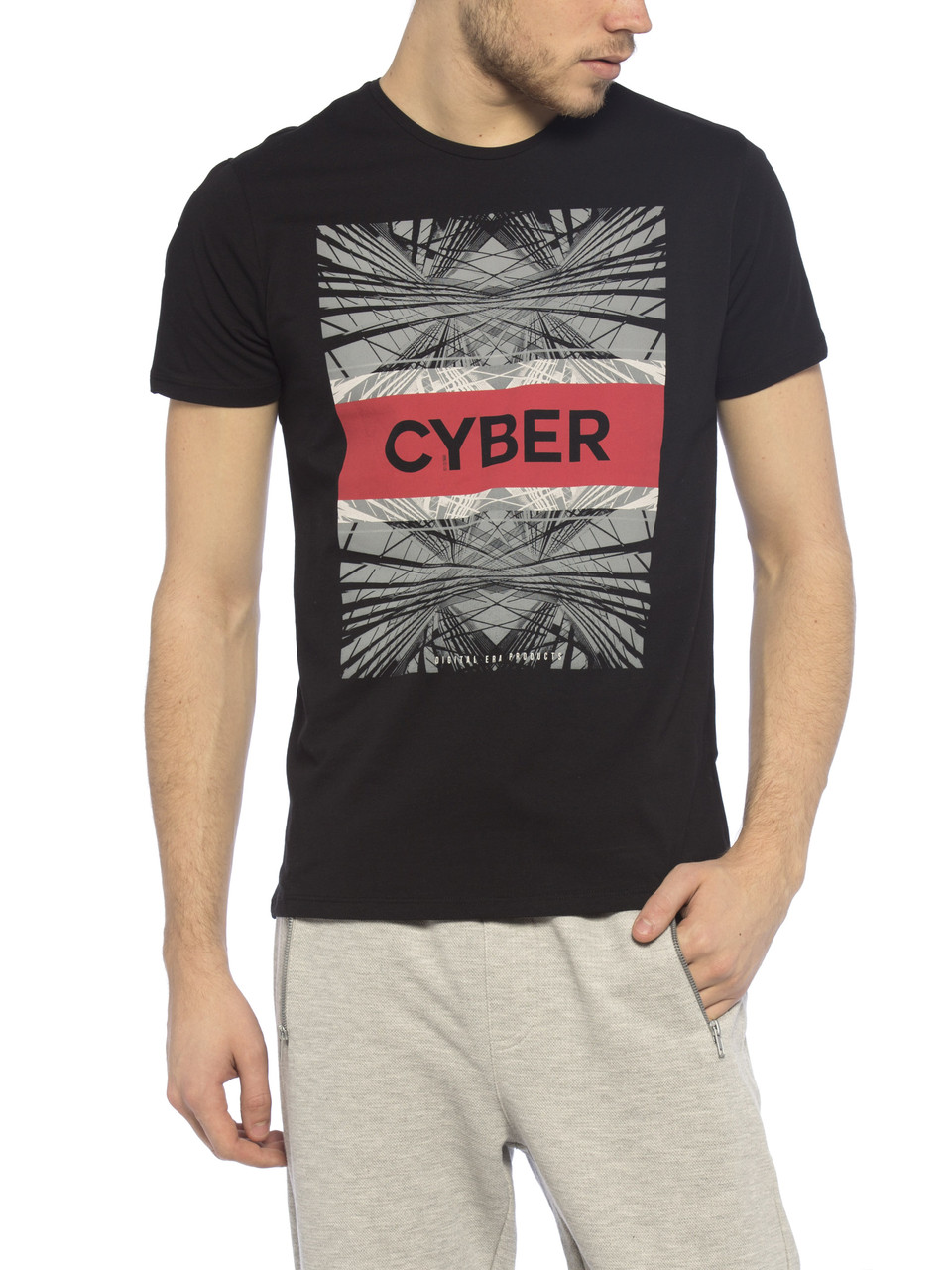 Чорна чоловіча футболка LC Waikiki з написом на грудях Cyber