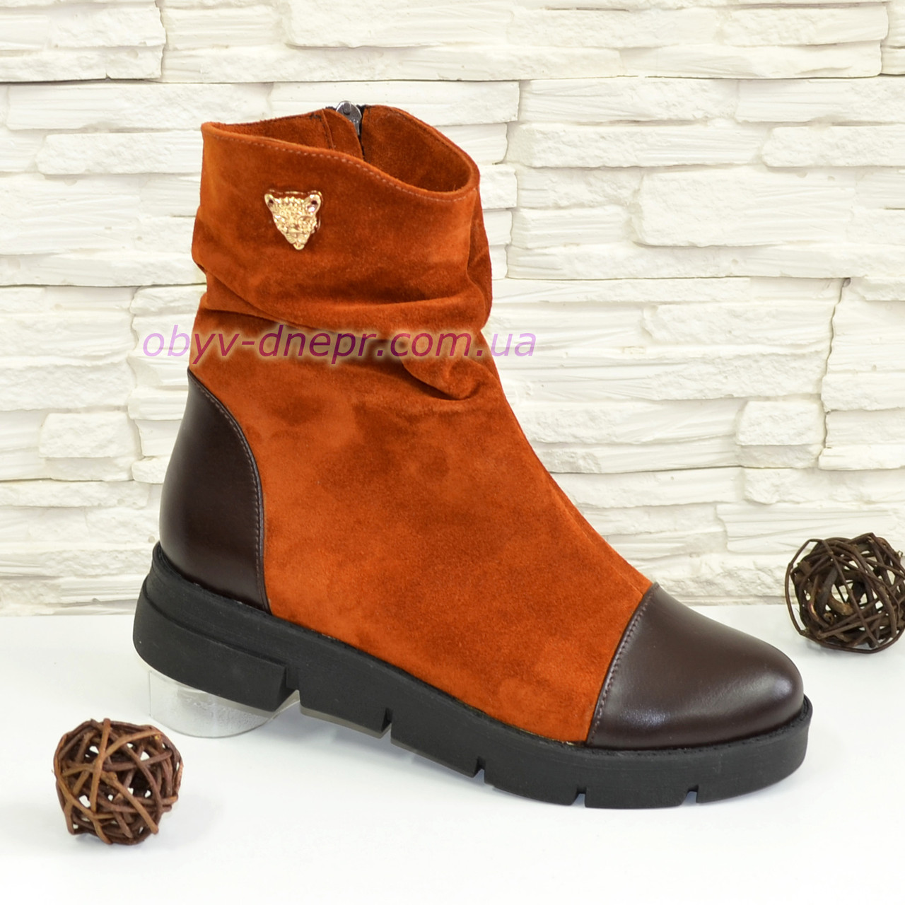 Черевики жіночі замшеві рудого кольору на товстій підошві, фото 1