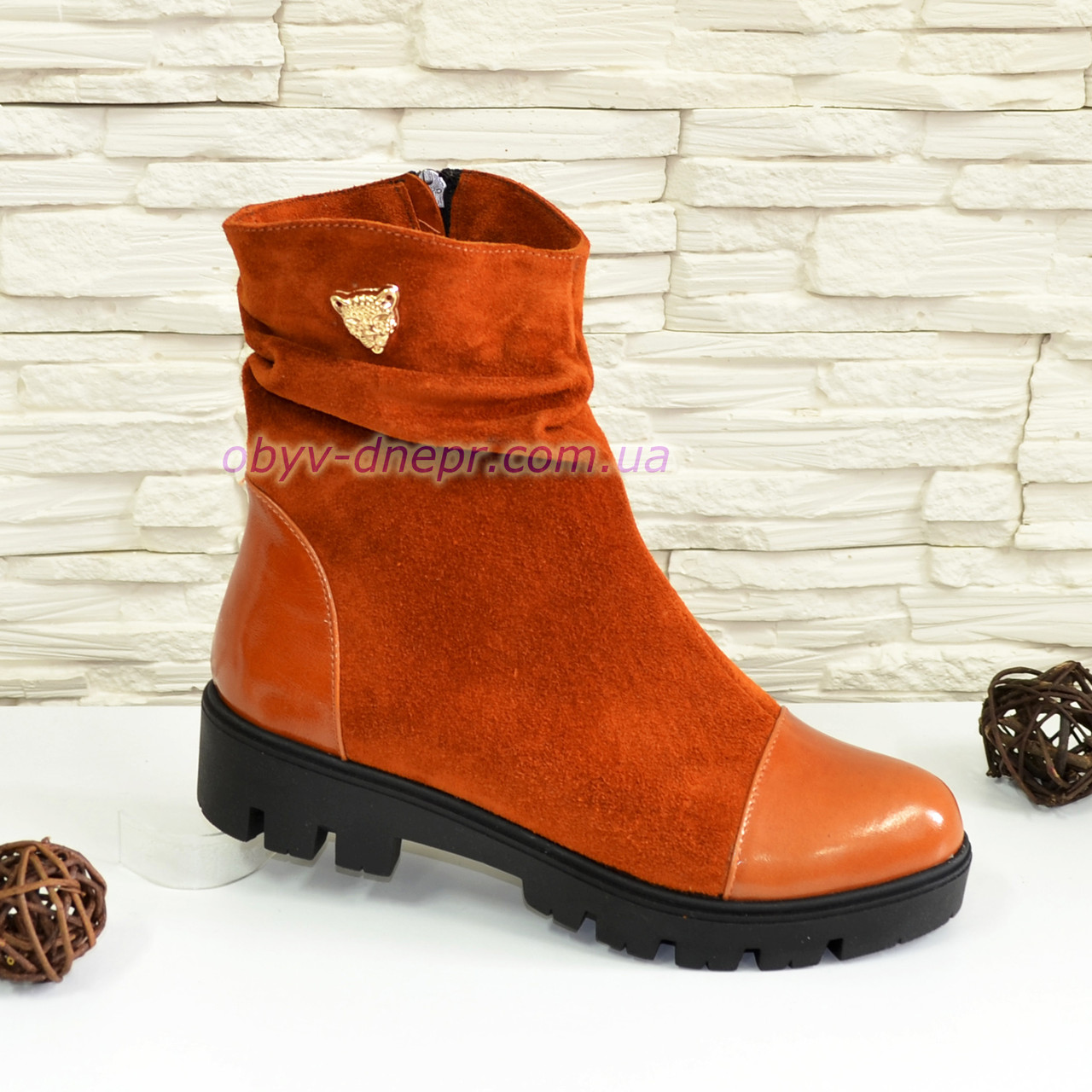 Черевики жіночі замшеві з рудою замші та шкіри, фото 1