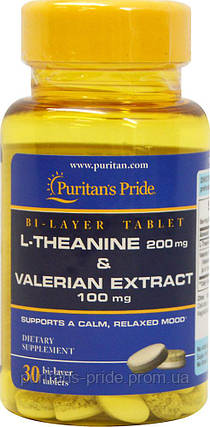 Л-Тіанін з екстрактом валеріани, Puritan's Pride, L-Theanine 200 mg & Valerian Extract 100 mg 30 Tablets, фото 2