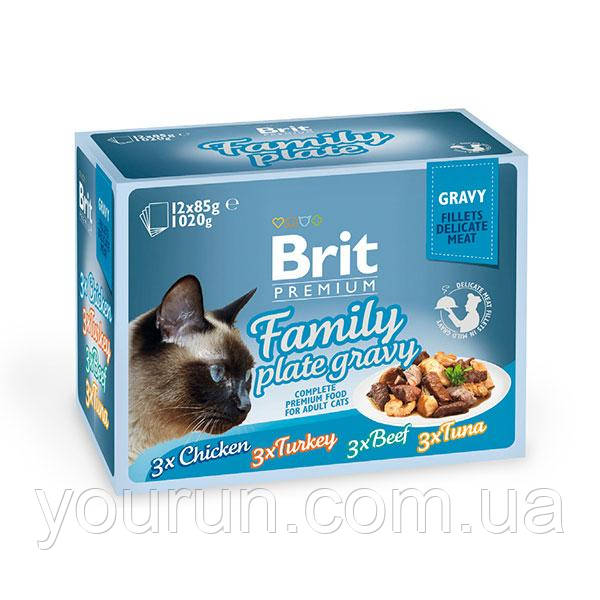 Вологий корм Brit Premium Набір паучей для кішок Family Plate Gravy Шматочки в соусі 12×85 гр