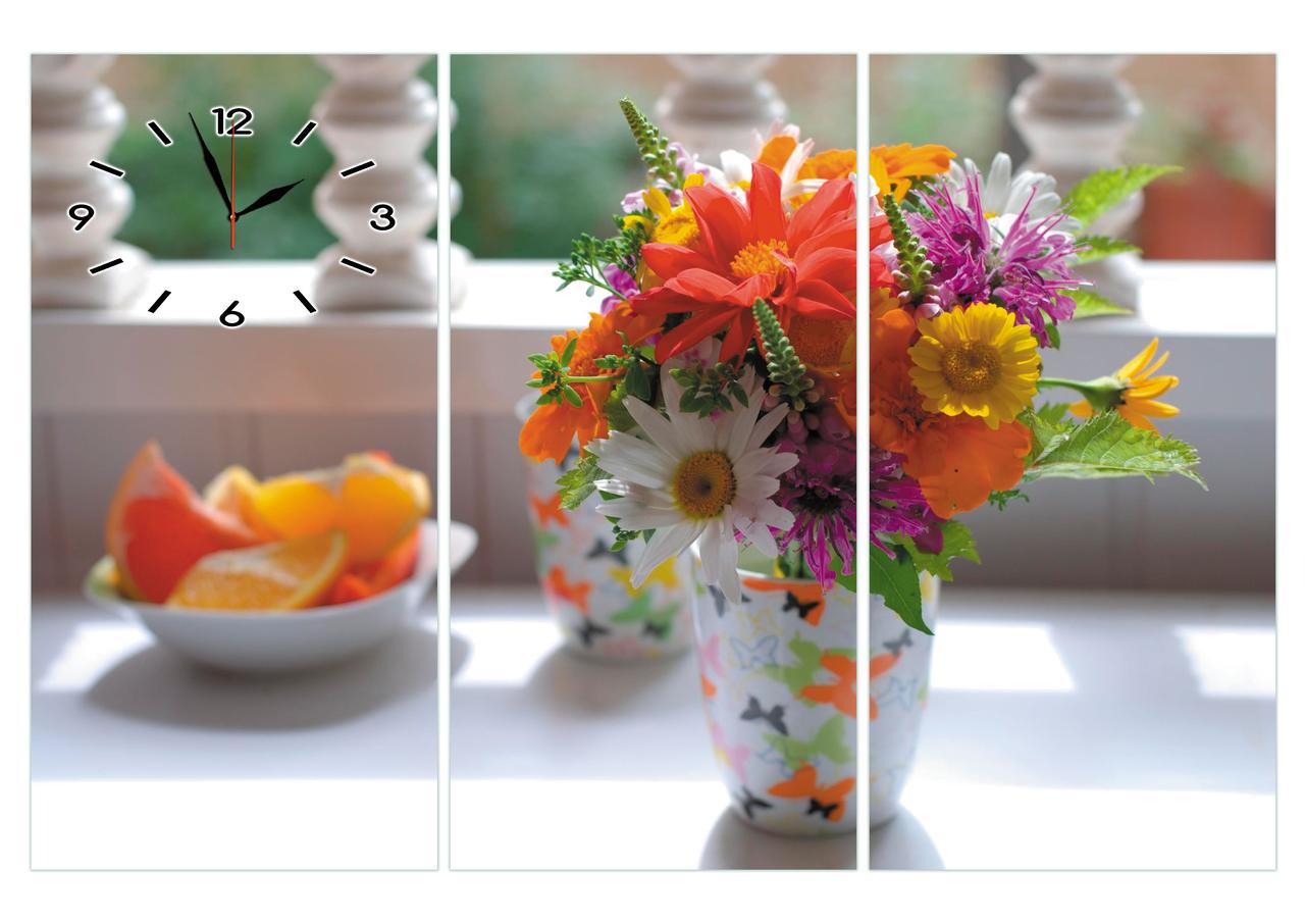 Годинники настінні модульні "Букет квітів у вазі" триптих великі-112х75см