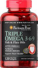 Омега 3 6 9, Puritan's Pride Triple Omega 3-6-9 Fish & Flax Oils 120 Softgels