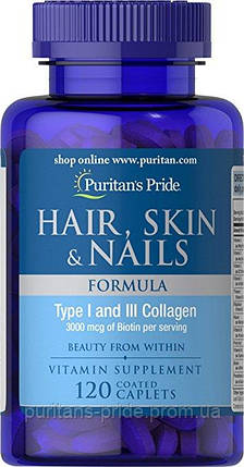 Волосся, ногті, шкіра Puritan's Pride Hair, Skin&Nails Formula 120 Caplets, фото 2