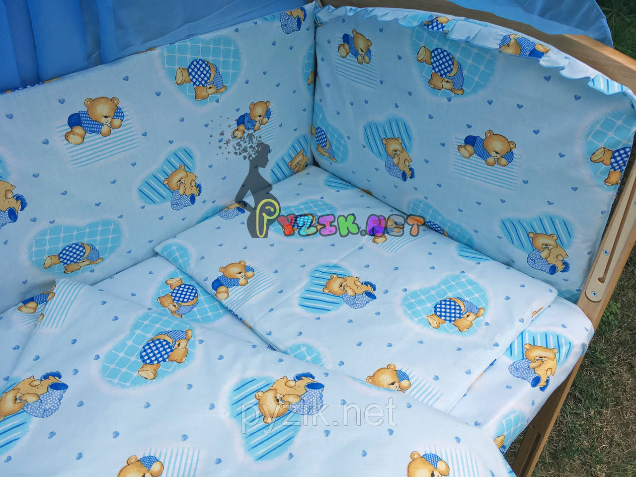 Постільний набір в дитячу ліжечко (8 предметів) Premium "Ведмедики в піжамі" ніжно-бірюзовий