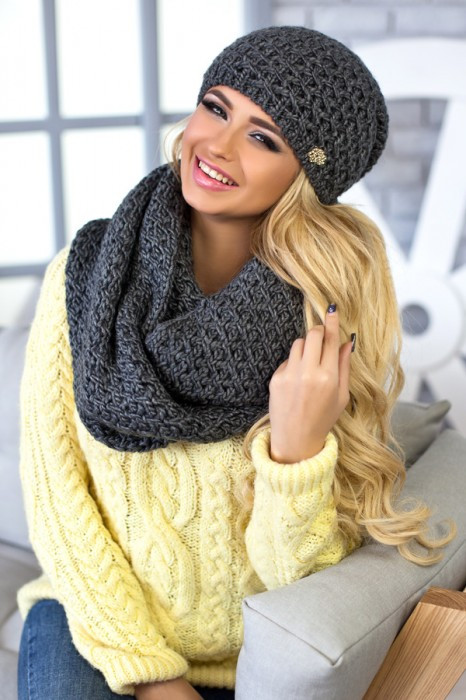 Зимовий жіночий комплект «Денвер» (шапка та шарф-снуд) Темно-сірий