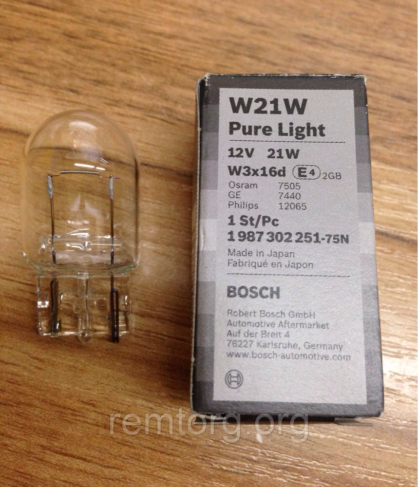 Автомобільна лампа BOSCH Pure Light W21W 12 V 21 W, 1 987 302 251