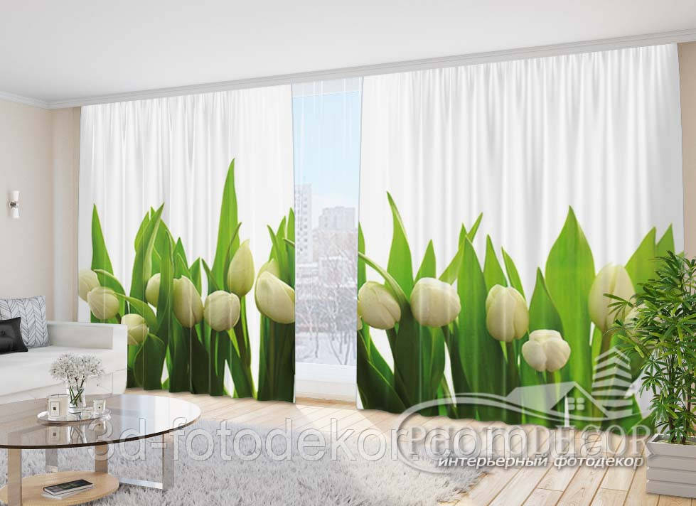 3D Фото Штори "Білі тюльпани" 2,7м*4,0м (2 полотна по 2,0м), тасьма