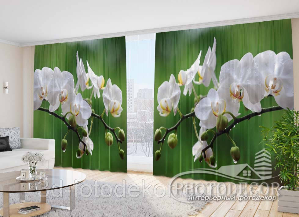 3D Фото Штори "Гілка орхідеї на зеленому" 2,7м*5,0м (2 полотна по 2,5м), тасьма - фото 1 - id-p181337454