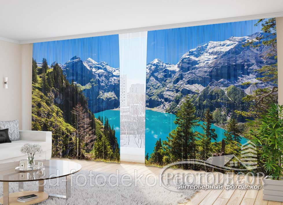 Фото Штори "Літній вид на озеро в Альпах" 2,7 м*2,9 м (2 полотна по 1,45 м), тасьма