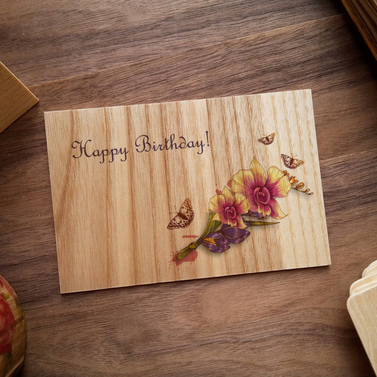 Дерев'яна листівка "Happy Birthday - Flowers"