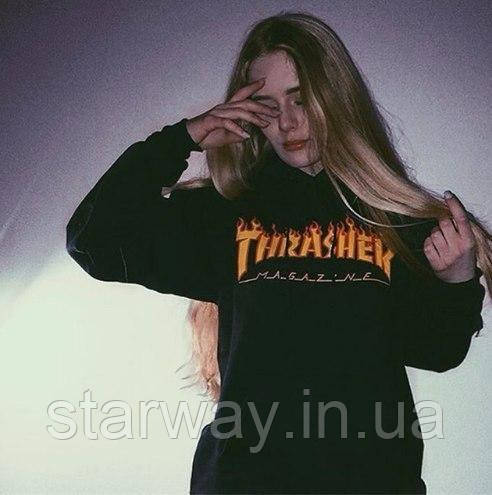Жіноча чорна толстовка | худі з принтом thrasher magazine