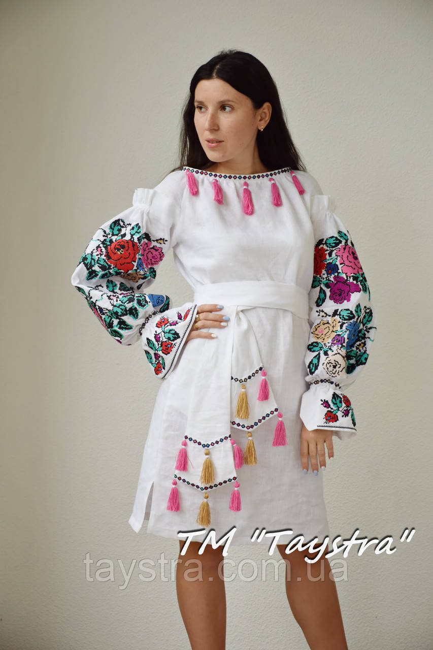 Плаття коротке біле льон, вишиванка етно-бохостиль, Bohemian, етно, туніка в Бохо-стилі