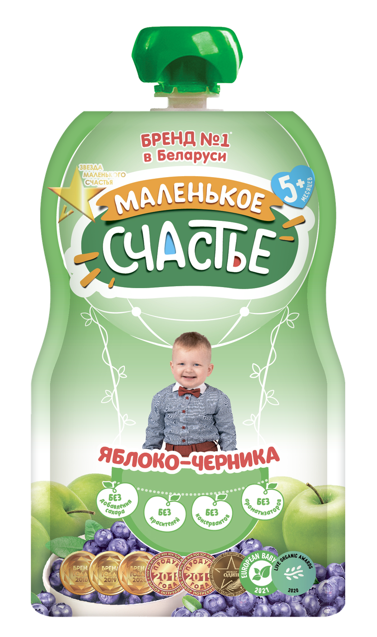 

Пауч Яблоко-Черника, 90г от 5 мес., ТМ"Маленькое счастье"