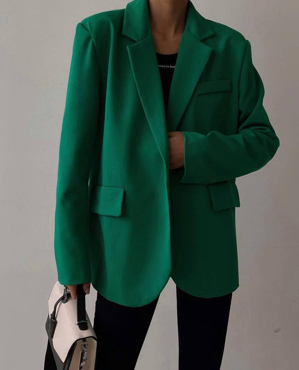 

Новинка женский пиджак из креп костюмки с карманами, Зелёный