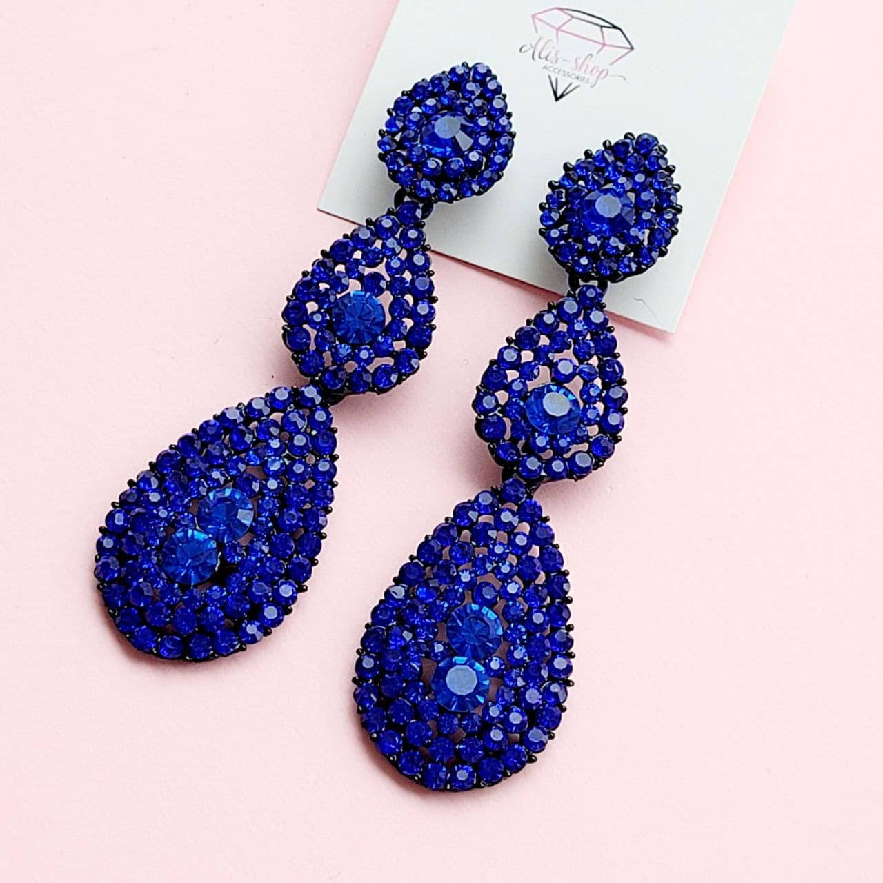 

Серьги Клипсы три капли синие черный металл